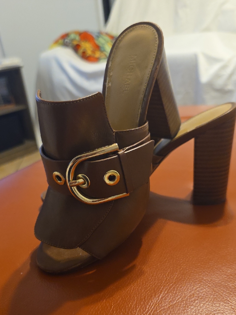 Michael Kors Brown Leather Buckle Mule Sandals with Gold Hardware